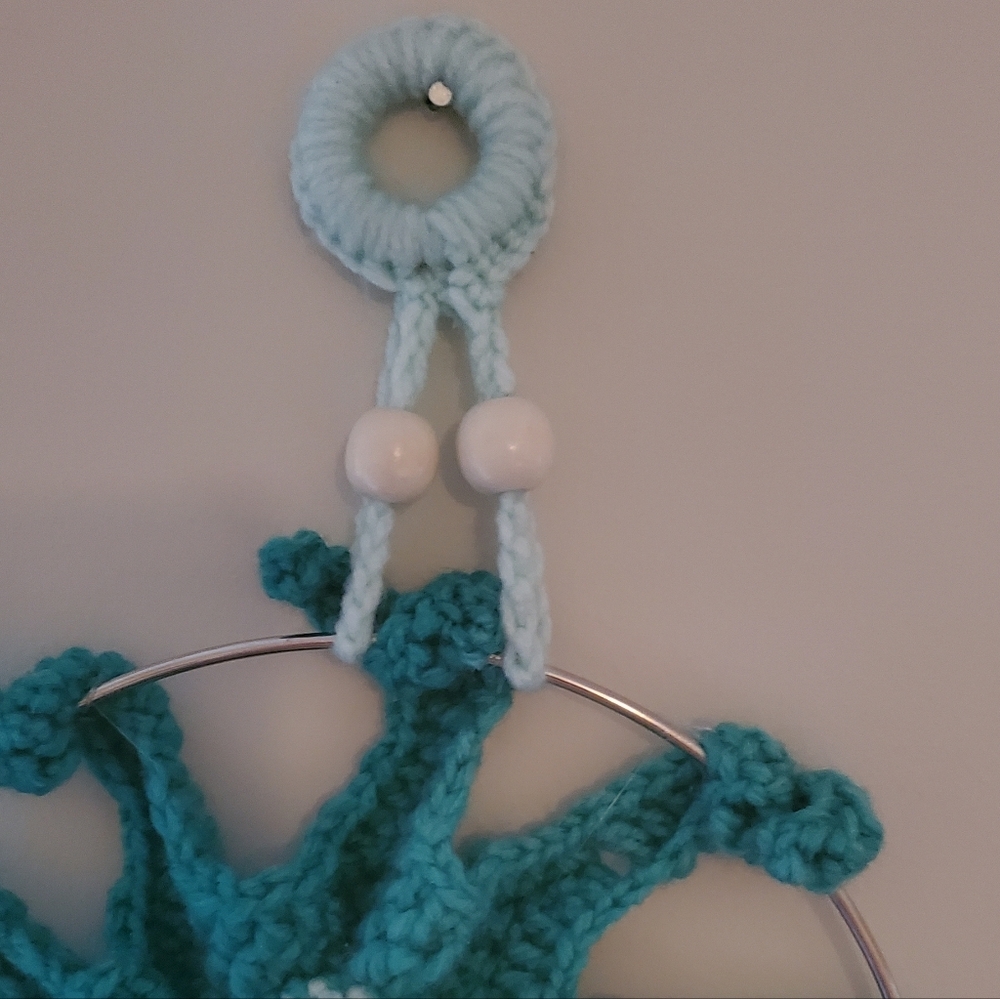 Handmade Crochet Sea Star Wall Hanging in Teal and Light Blue - Picture 6 of 11